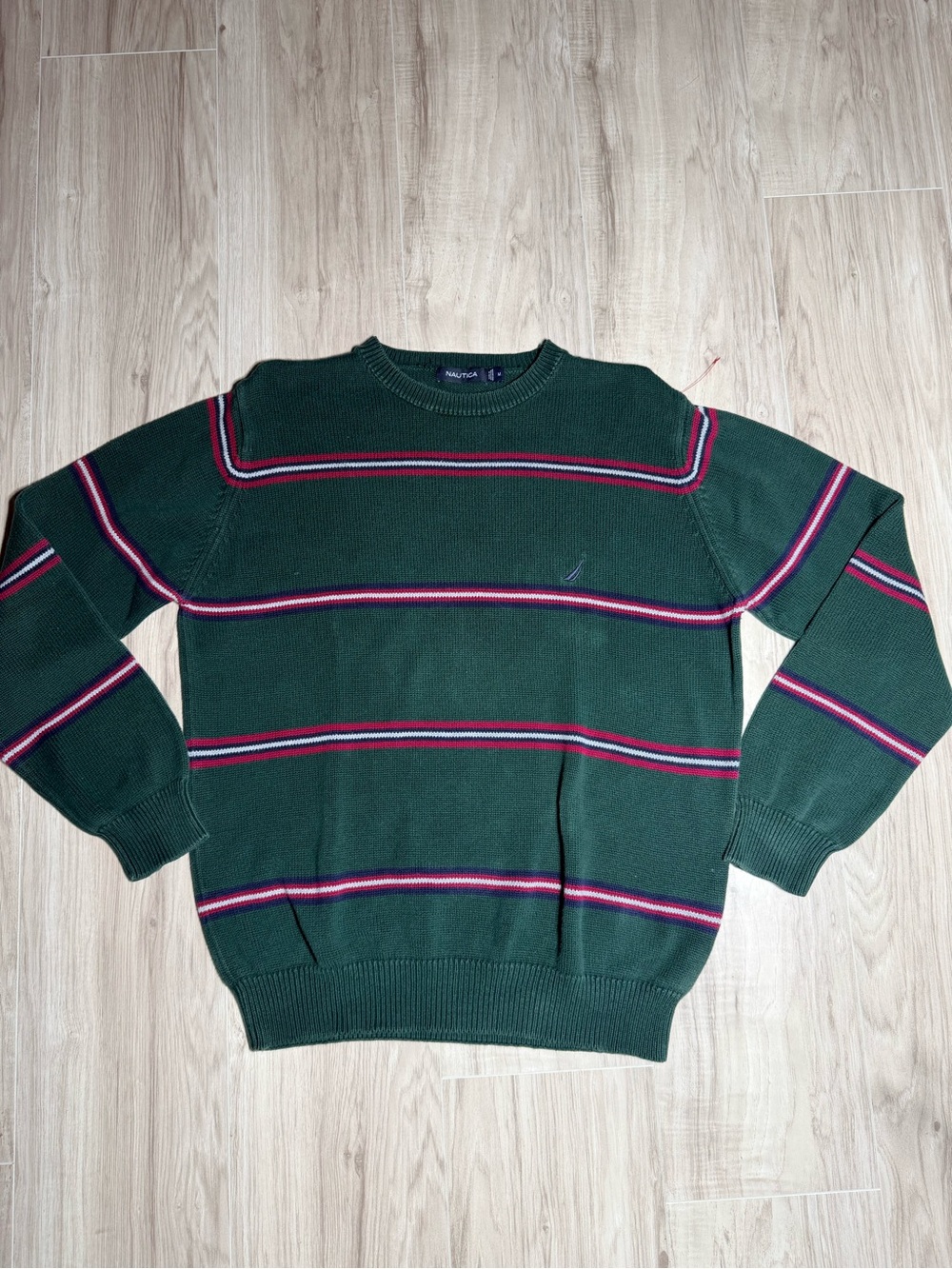 Nautica Forest Green Crewneck Sweater with Pink and Navy Stripes